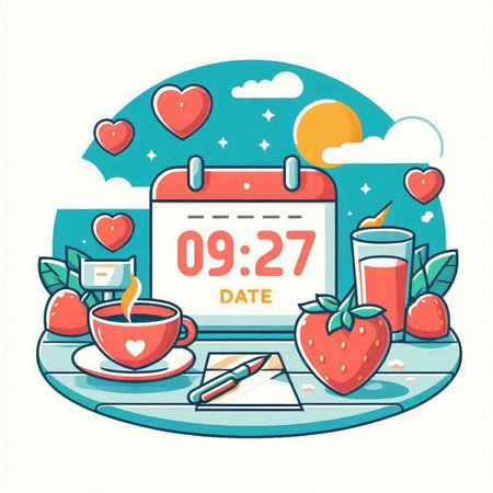 Vector illustration of Valentine's Day. Calendar, cup of coffee, strawberries, hearts.のイラスト素材