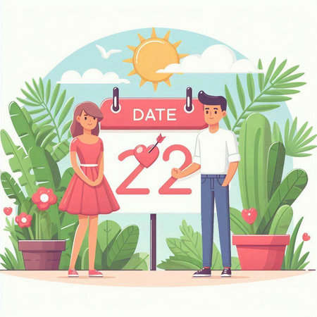 Vector illustration of a man and a woman on the background of the calendar with the date of February 22.のイラスト素材