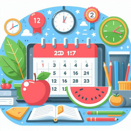 Back to school concept in flat style. Calendar, clock, pencils, apple, apple, clock, notebook. Vector illustrationのイラスト素材