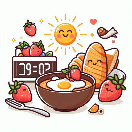 Cute breakfast with eggs, bread and fruits. Vector illustration.のイラスト素材