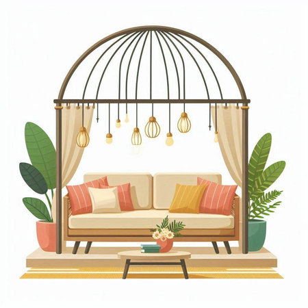 Illustration of a cozy living room with a sofa and a lampのイラスト素材