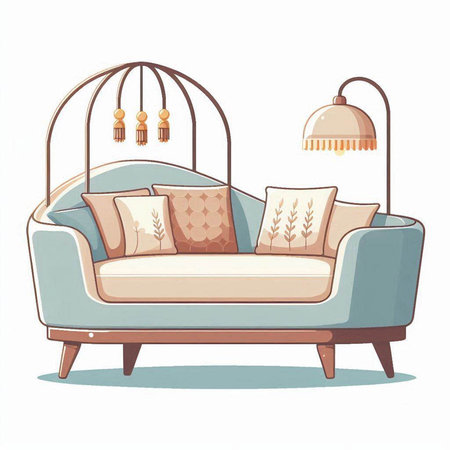 Illustration of a cozy sofa with pillows and a lamp.のイラスト素材