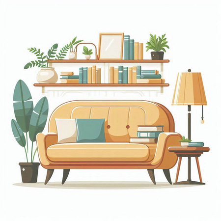 Living room interior with sofa, bookshelf and plants. Vector illustration.のイラスト素材