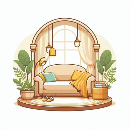 Living room interior with armchair, sofa, window, books and plants. Vector illustrationのイラスト素材