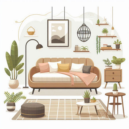 Modern living room interior with sofa, coffee table, potted plants, lamp, bookshelf and plants. Flat style vector illustration.のイラスト素材