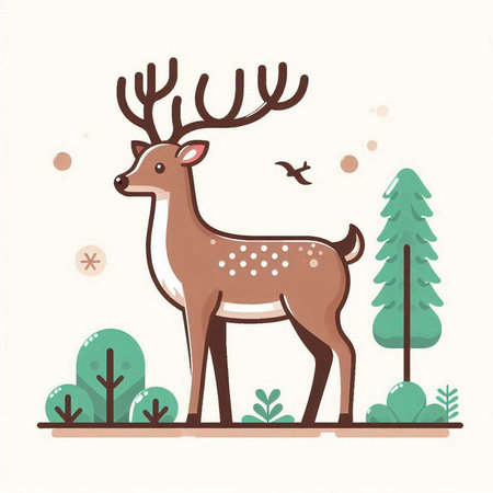 Cute deer in the forest. Vector illustration in flat style.のイラスト素材