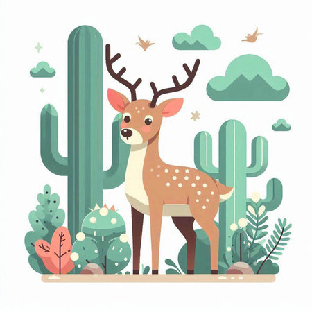 Cute cartoon deer in the desert with cactuses. Vector illustrationのイラスト素材