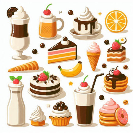 Set of different desserts and sweets. Vector illustration in cartoon style.のイラスト素材