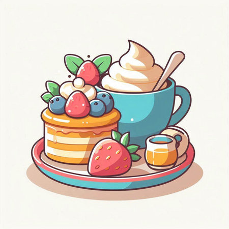 Cup of coffee and pancakes with berries and whipped cream. Vector illustration.のイラスト素材