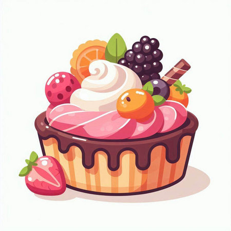 Fruit cake with whipped cream and berries on white background. Vector illustration.のイラスト素材