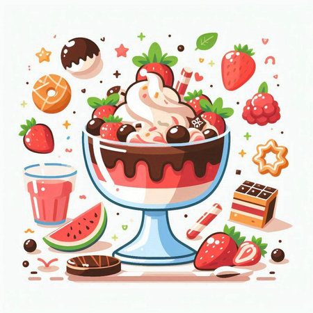 Ice cream dessert in a glass with berries and chocolate. Vector illustrationのイラスト素材