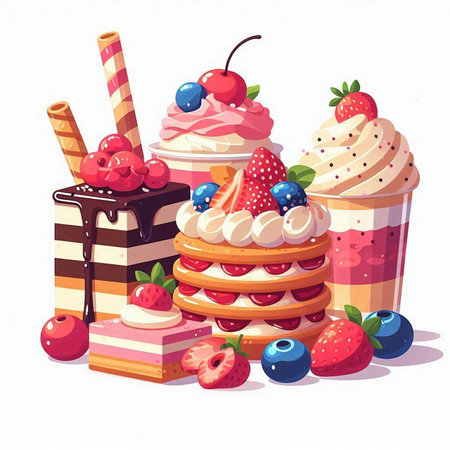 Vector illustration of a set of different kinds of cakes and desserts.のイラスト素材