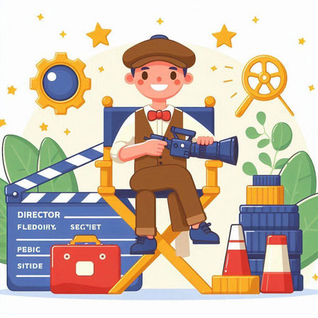 Cinema director sitting on chair and holding movie camera. Vector illustrationのイラスト素材