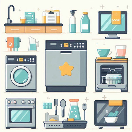 Kitchen and household appliances icons set. Vector illustration in flat styleのイラスト素材