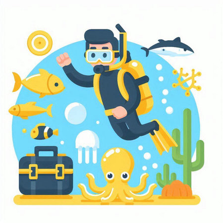 Scuba diving vector illustration. Flat style design. Underwater world.のイラスト素材