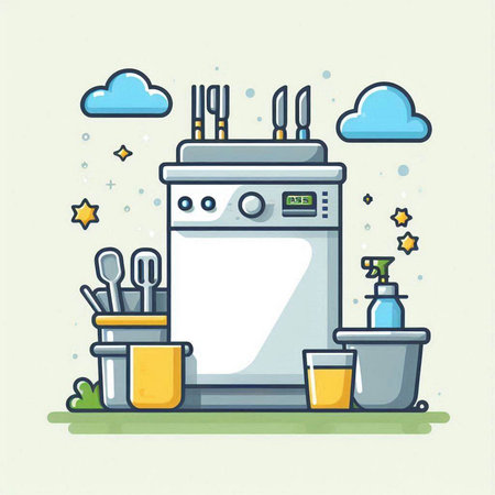 Washing machine and utensils. Vector illustration in flat styleのイラスト素材