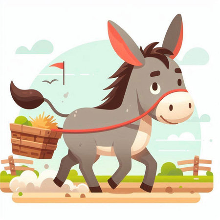 Donkey with a basket of food. Vector illustration in flat styleのイラスト素材