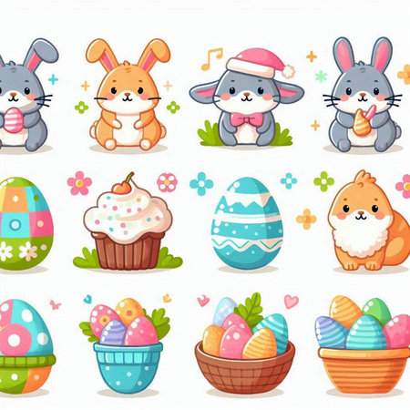 Cute cartoon easter bunny, rabbit, egg, cupcake, vector illustrationのイラスト素材
