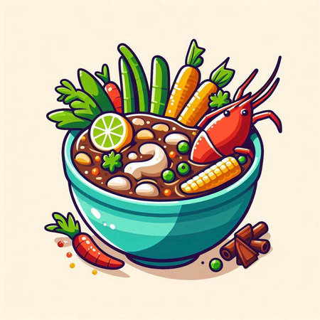 Bowl of noodle soup with shrimp and vegetables. Vector illustration.のイラスト素材