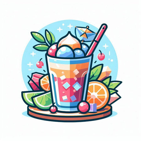 Cocktail with ice cream, berries and fruits. Vector illustration.のイラスト素材