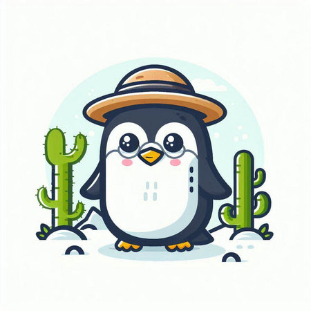 Cute penguin with hat and cacti. Vector illustration.のイラスト素材