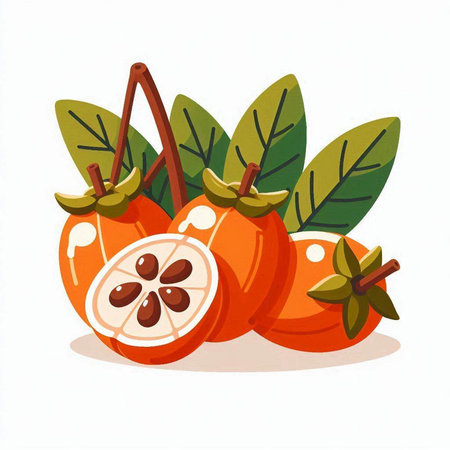 Persimmon fruit with leaves on white background. Vector illustration.のイラスト素材
