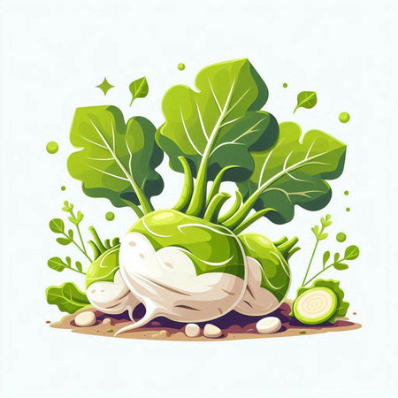 Kohlrabi with green leaves and roots. Vector illustration.のイラスト素材