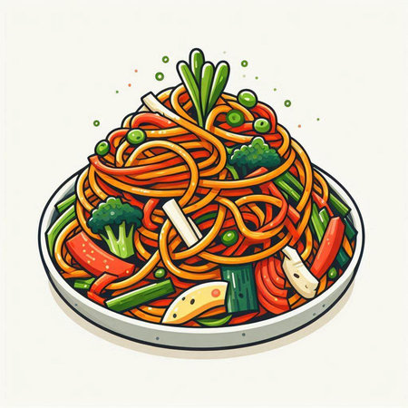 Illustration of a plate of spaghetti with vegetables on the white backgroundのイラスト素材