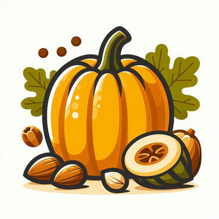 Pumpkin and nuts on the white background. Vector illustration.のイラスト素材