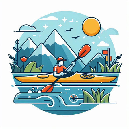 Kayaking in the mountains. Vector illustration in flat linear style.のイラスト素材