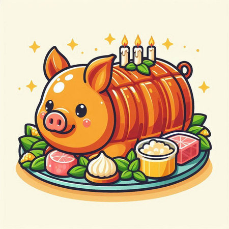 Vector illustration of a cute pig with a cake on a plate.のイラスト素材