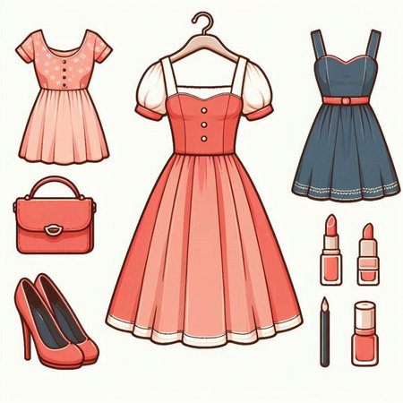 Vector set of female clothes and accessories on a white background. Vector illustration.のイラスト素材