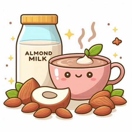Almond milk in a glass with a cute cartoon character. Vector illustration.のイラスト素材
