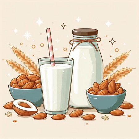 Milk in glass with nuts and grains on light background. Vector illustration.のイラスト素材