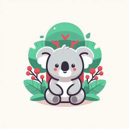 Cute koala sitting on green leaves background. Vector illustration.のイラスト素材