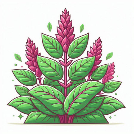 Illustration of a pink flower with green leaves on a white backgroundのイラスト素材