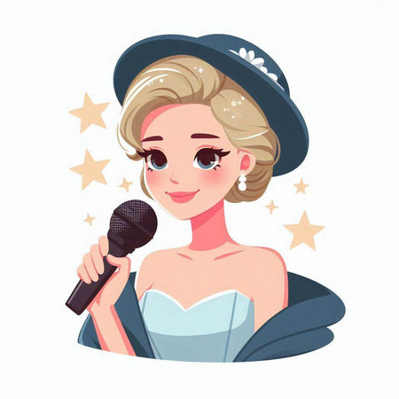 Beautiful girl in a hat with a microphone. Vector illustration.のイラスト素材