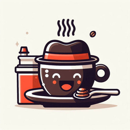 Coffee cup character with hat and spoon. Vector illustration.のイラスト素材