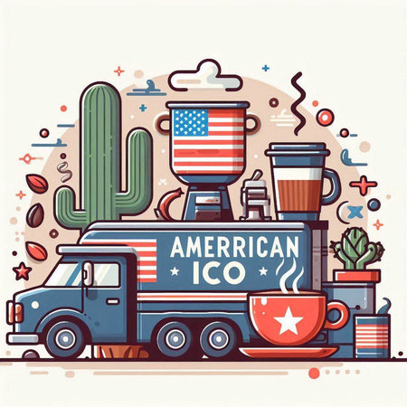American food truck. Vector illustration of american food truck with a cup of coffee.のイラスト素材