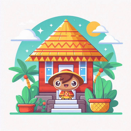 Little girl in a straw hat stands near the house. Vector illustration.のイラスト素材