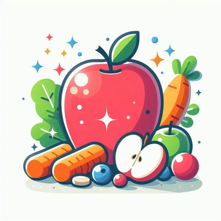 Colorful vector illustration of apple, carrot, tomato, apple.のイラスト素材