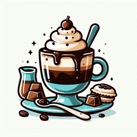 Vector illustration of a cup of coffee with whipped cream, chocolate and cookiesのイラスト素材