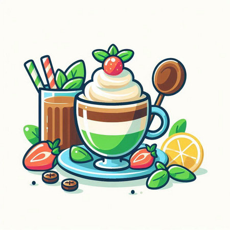 Coffee cup with whipped cream, strawberries and mint. Vector illustration.のイラスト素材