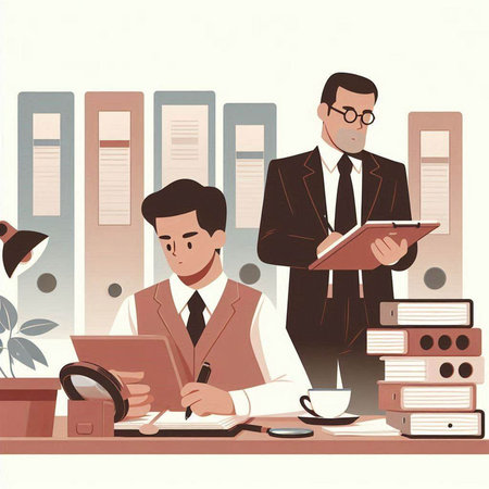Vector illustration of two businessmen working in office. Workplace background.のイラスト素材