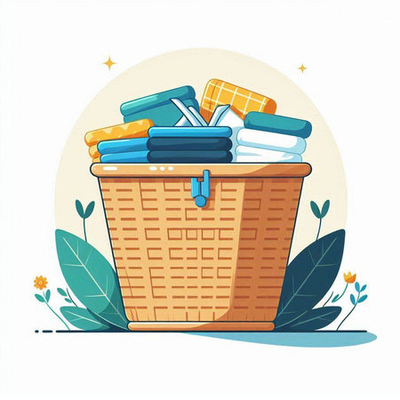 Wicker basket with clean clothes. Cleaning concept. Vector illustrationのイラスト素材