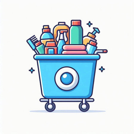 Shopping cart with cleaning products. Vector illustration in cartoon style.のイラスト素材