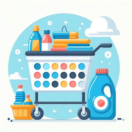 Shopping cart with cleaning products. Vector illustration in flat style.のイラスト素材