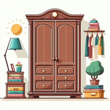 Illustration of a vintage wooden wardrobe with books, lamp and accessoriesのイラスト素材