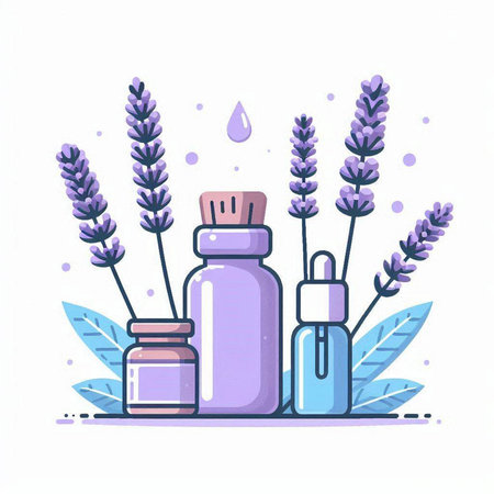 Lavender essential oil. Vector illustration in flat cartoon style.のイラスト素材
