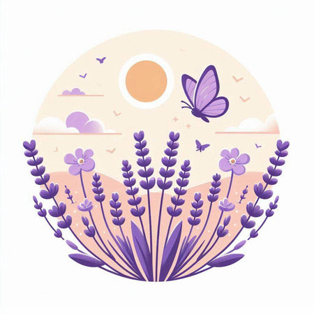 Vector illustration of lavender flowers with flying butterflies in the background.のイラスト素材